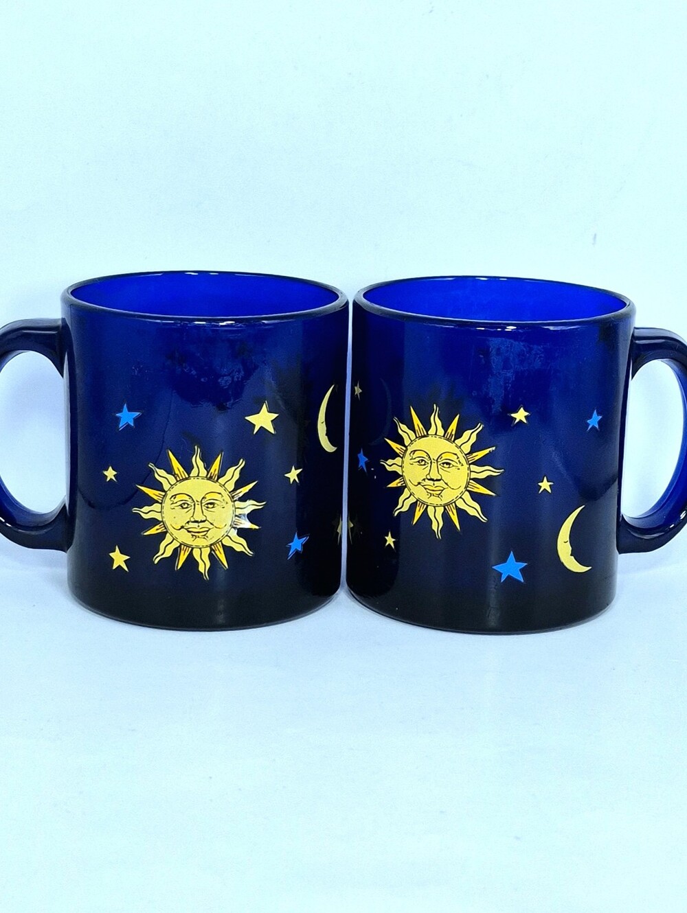 Vintage Libbey Celestial Cobalt Blue Mugs - Pair of 2 - Etched/Cloudy